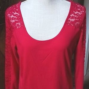 CUTE Red Lace Sexy Long Sleeve Cotton T-Shirt Size 2X